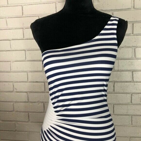 French Connection OneShoulder Navy Stripe Swimsuit - Picture 2 of 8